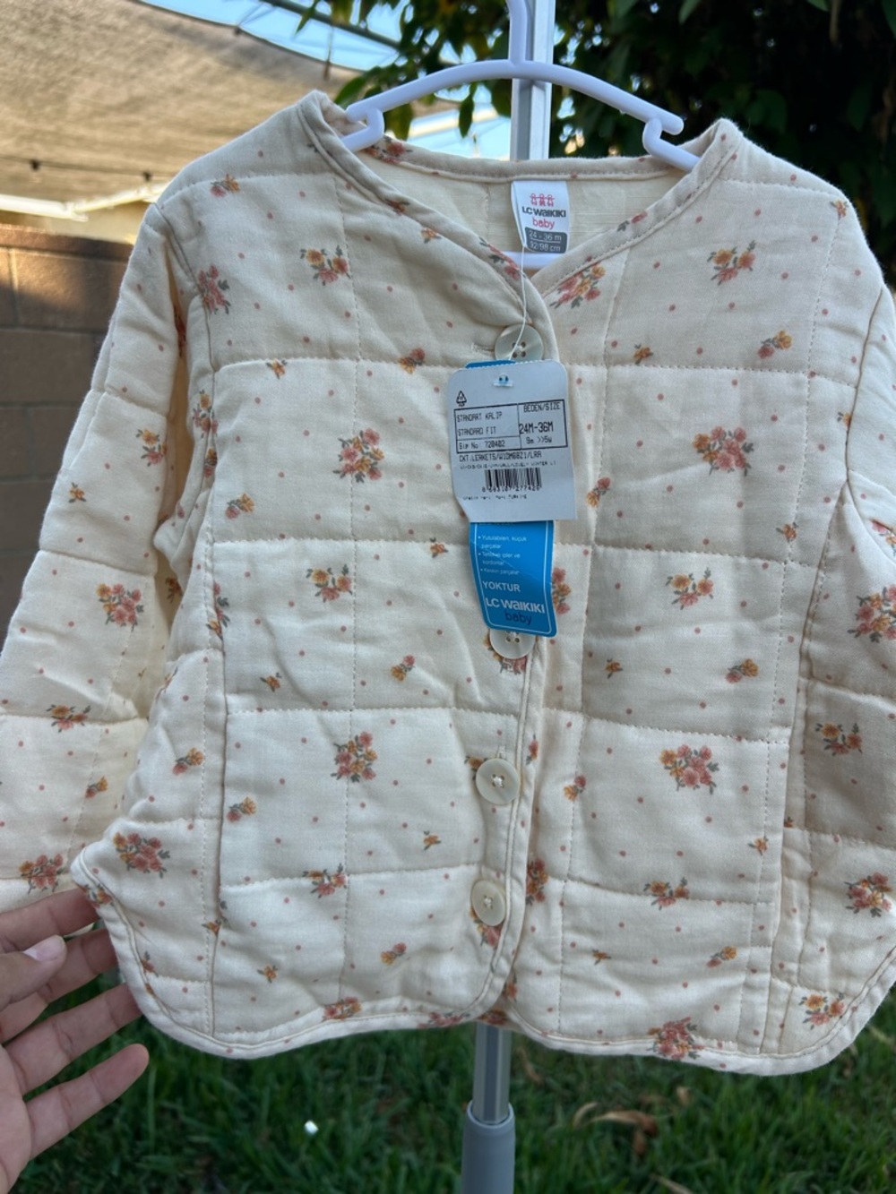 Cream Floral Quilted Baby Puffer Jacket - Soft Button Front